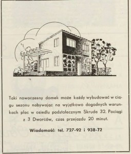źródło: "Dębe Wielkie i okolice - śladami przeszłości" - Reklama zamieszczona w miesięczniku SREBRNY EKRAN z lipca 1938 roku zachęcająca do nabywania działek budowlanych w osiedlu Skruda (obecnie Halinów).